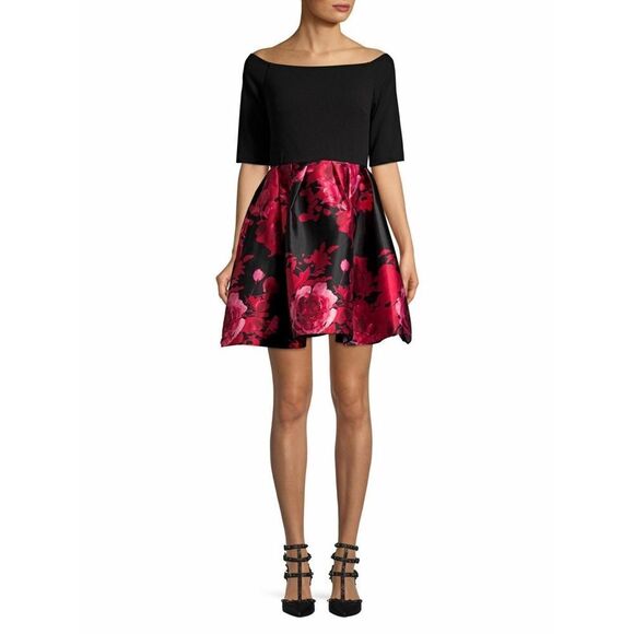 New! BETSY & ADAM Women's Two-Tone Off-Shoulder Floral Flare Dress Size 10 - Picture 1 of 2